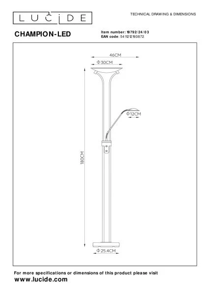 Lucide CHAMPION-LED - Stehlampe Mit Leselampe - LED Dim. - 3000K - Bronzefarbe - TECHNISCH